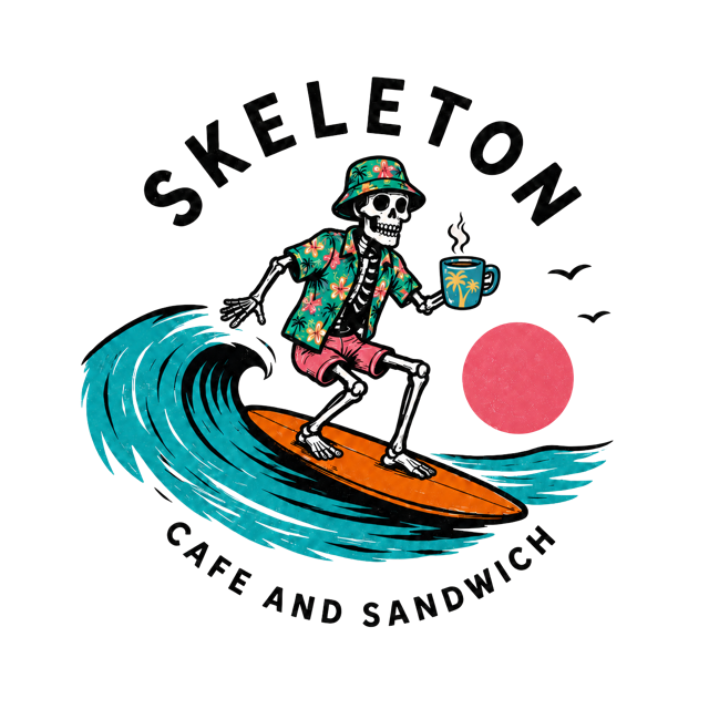 Skeleton! logo — skeleton in a bucket hat surfing a wave with a coffee in hand